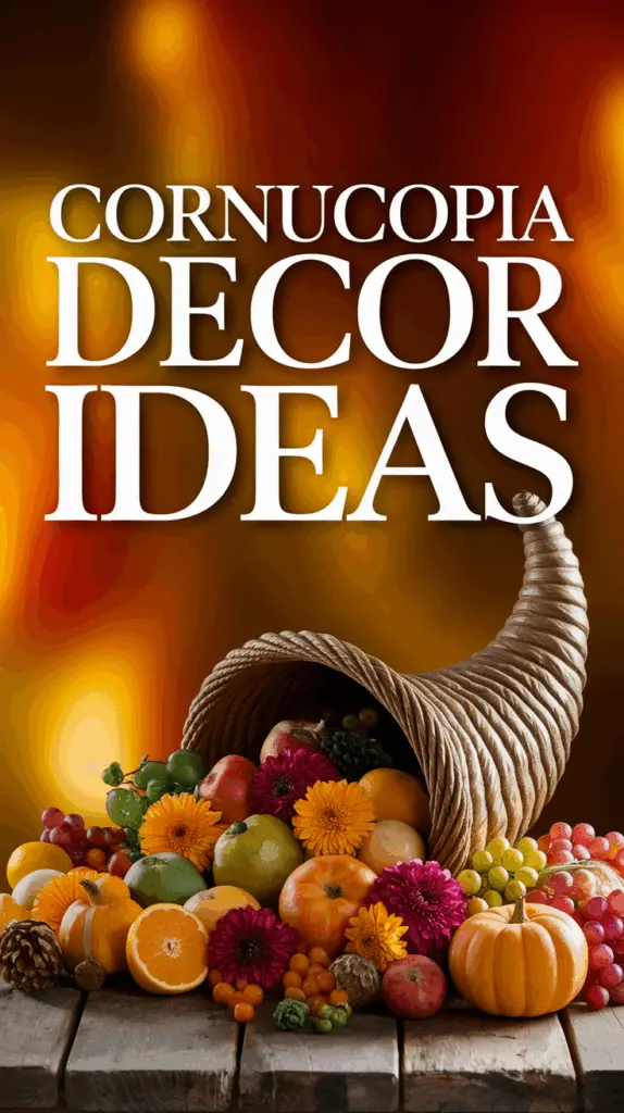 A cornucopia overflowing with fruits and flowers on a wooden surface, with the text 'Cornucopia Decor Ideas' in large white letters above it, set against a warm gradient background.