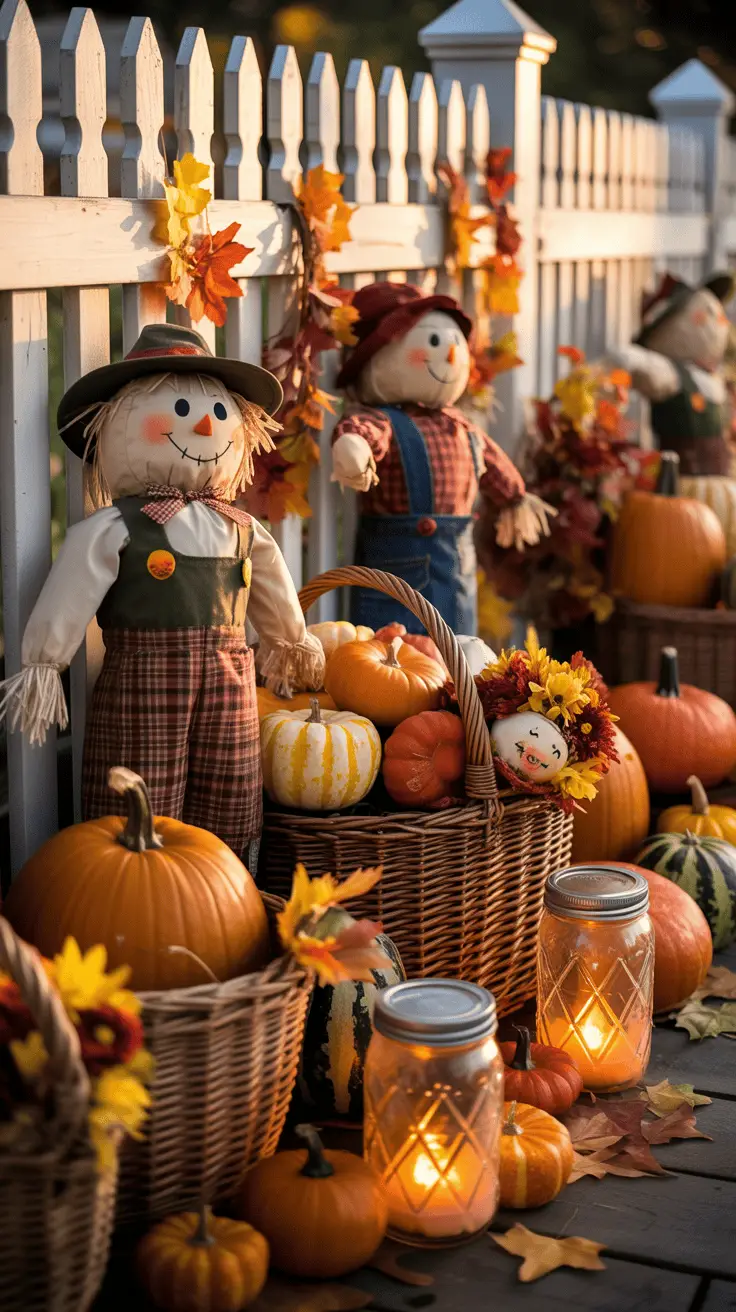 Autumn-themed scene with scarecrows, pumpkins, and lit jars in front of a white picket fence adorned with autumn leaves and flowers.
