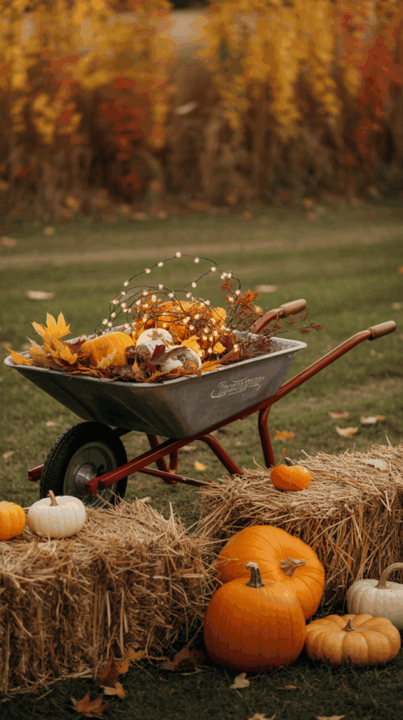 A festive autumn display featuring a wheelbarrow filled with small pumpkins, decorative leaves, and fairy lights, surrounded by larger pumpkins and hay bales, set against a backdrop of colorful fall foliage.