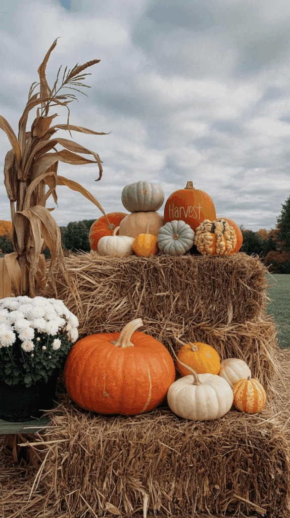 A display of various pumpkins and gourds arranged on hay bales with a potted white chrysanthemum and dried corn stalks, set against a cloudy sky.