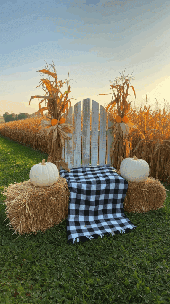 A rustic autumn setup featuring a white wooden chair with a black and white checkered blanket, flanked by hay bales topped with white pumpkins. Corn stalks with orange flowers are attached to the chair, set against a cornfield under a clear sky.