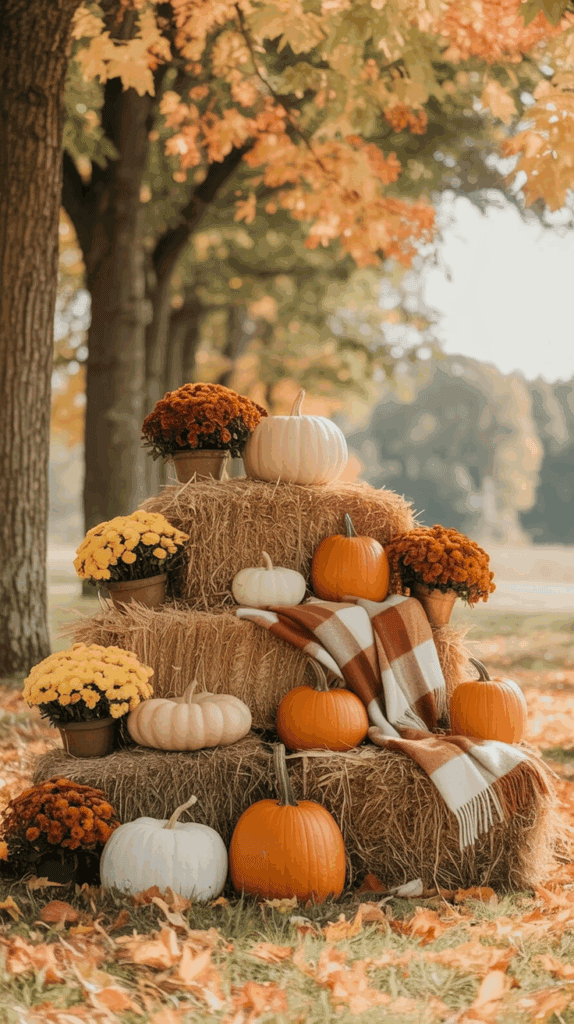 A fall scene with hay bales stacked in a park, adorned with orange and white pumpkins, pots of orange and yellow chrysanthemums, and a plaid blanket, surrounded by autumn leaves.