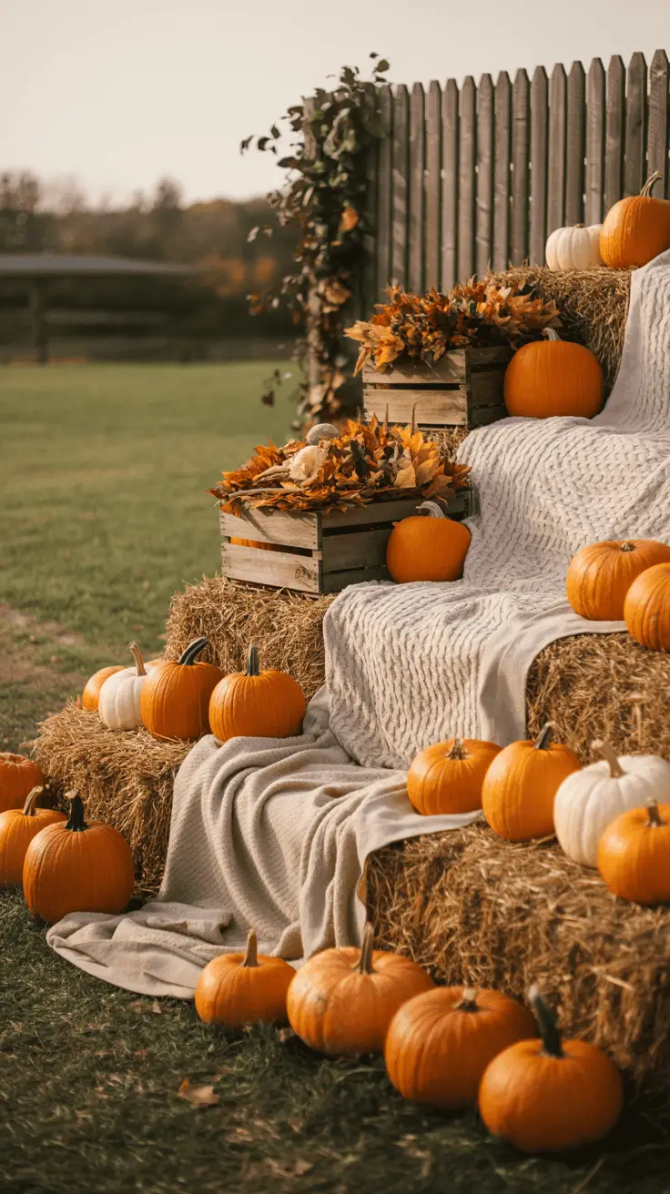 Rustic autumn display featuring pumpkins and hay bales, with a wooden crate of colorful leaves and a beige blanket draped over the arrangement, set beside a wooden fence in a grassy area.