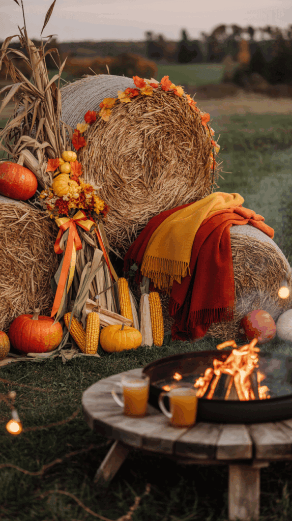 A cozy autumn scene with hay bales adorned with fall leaves, pumpkins, and decorative corn, complemented by red and yellow blankets draped over them. In the foreground, a wooden table holds two mugs of cider near a glowing fire pit, set on a grassy field under a soft evening sky.