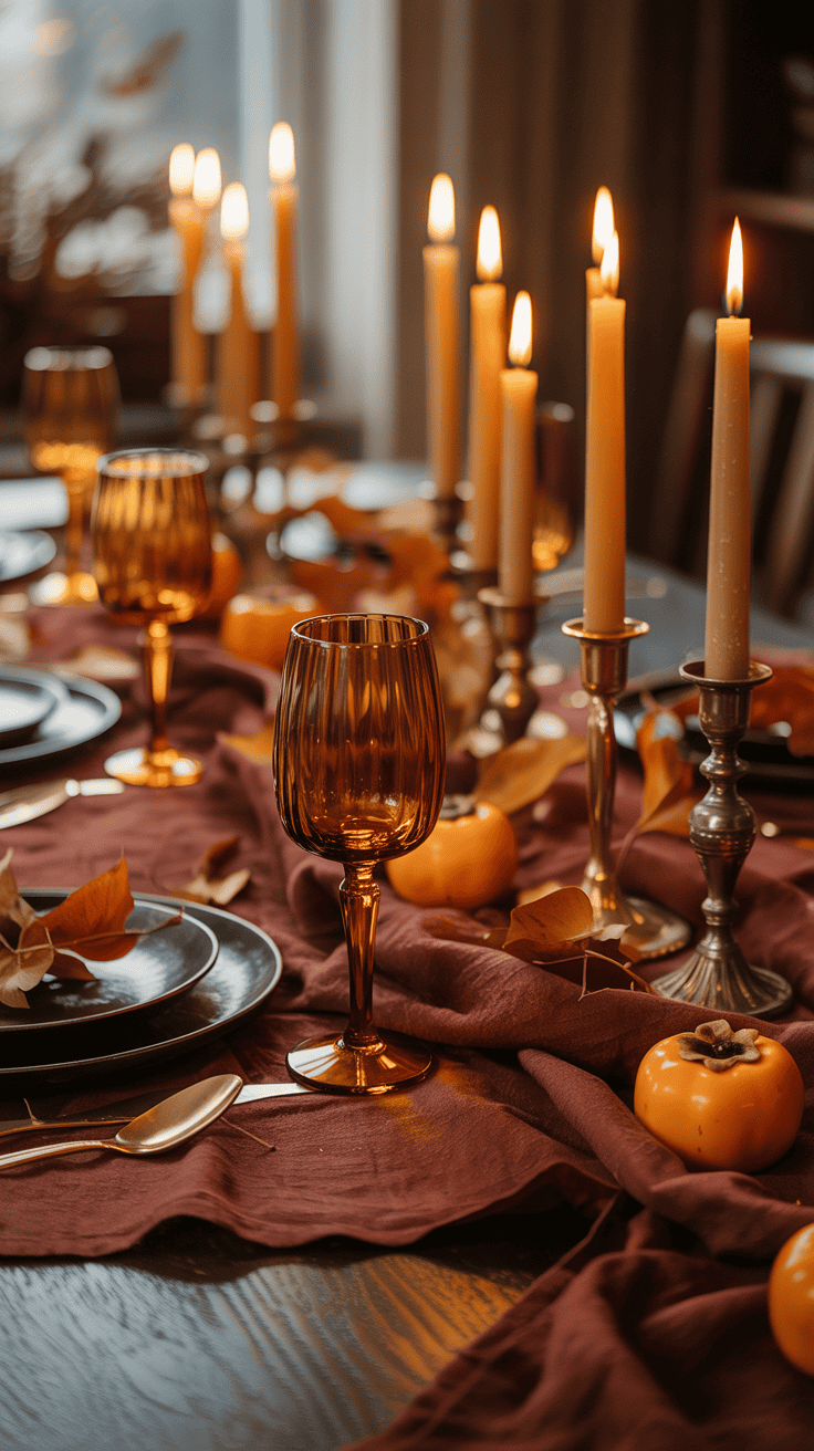 A warmly lit dining table decorated for autumn, featuring amber-colored glassware, lit candles in bronze holders, and small pumpkins alongside fallen leaves on a burgundy tablecloth.