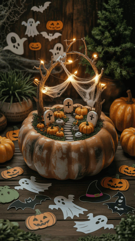 A Halloween-themed miniature graveyard scene inside a hollowed-out pumpkin, featuring miniature tombstones, small pumpkins, and faux cobwebs under a lighted branch arch, surrounded by paper decorations of ghosts, bats, and jack-o'-lanterns.