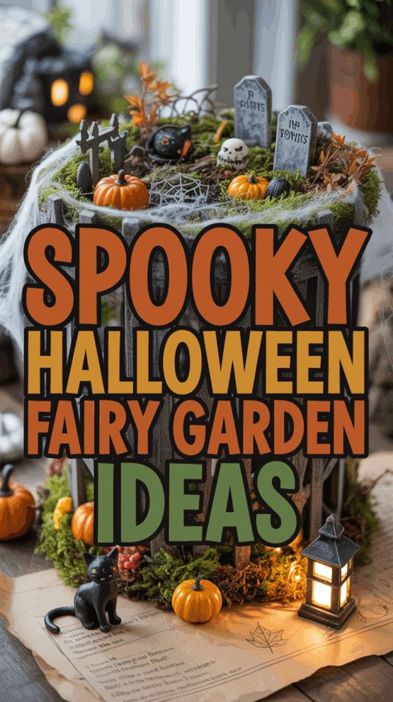 Halloween-themed fairy garden featuring miniature pumpkins, tombstones, a black cat figure, and a small lantern, with cobwebs and moss adding to the spooky atmosphere; text overlay reads 'Spooky Halloween Fairy Garden Ideas.'