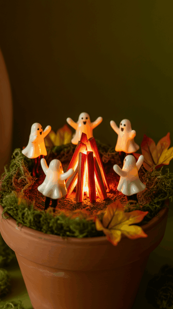 Five white ceramic ghost figurines with smiling faces circle a glowing miniature campfire, set atop a moss-covered terracotta pot, surrounded by artificial autumn leaves.