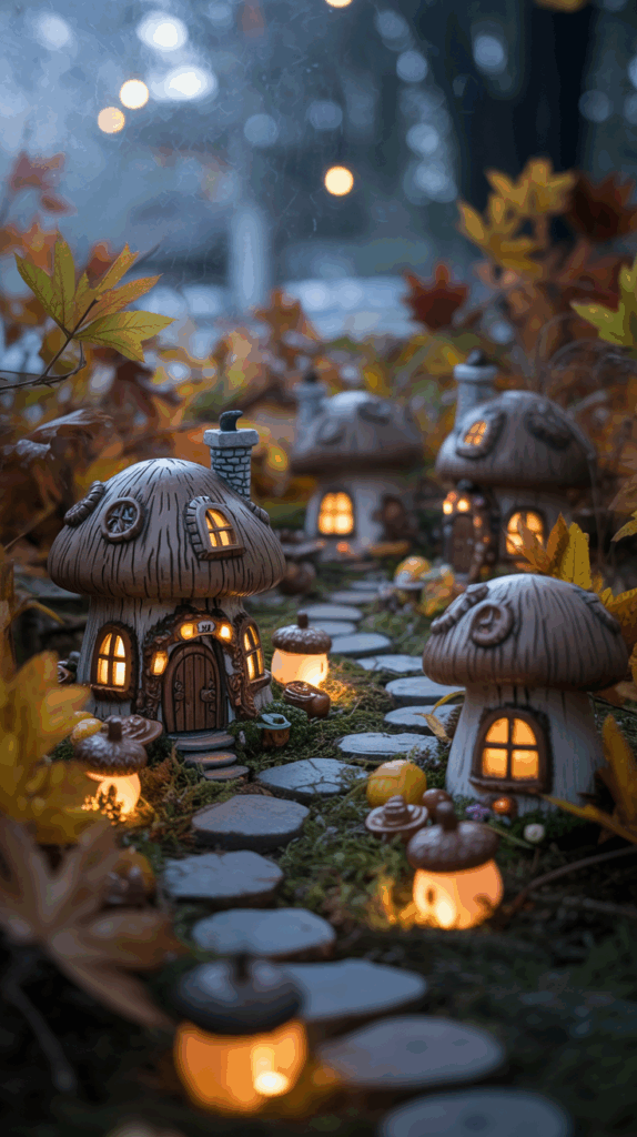 Miniature mushroom-shaped houses with glowing windows, surrounded by colorful autumn leaves and small acorn-shaped lights, creating a whimsical fairy-tale scene.