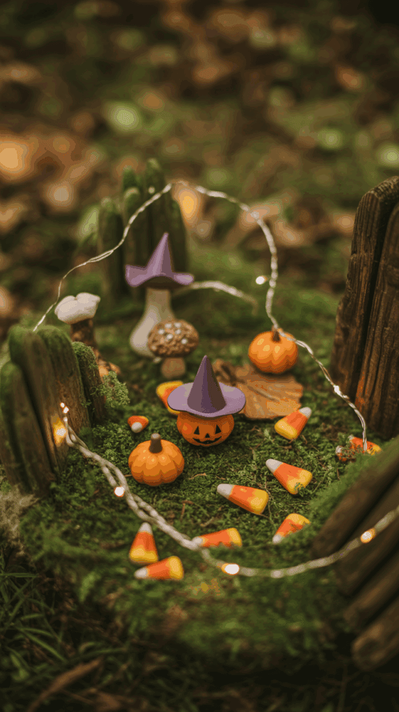 A small Halloween-themed setup featuring miniature pumpkins, a jack-o'-lantern with a purple witch hat, candy corn, and mushrooms, all arranged on a bed of moss surrounded by wooden stakes and string lights.