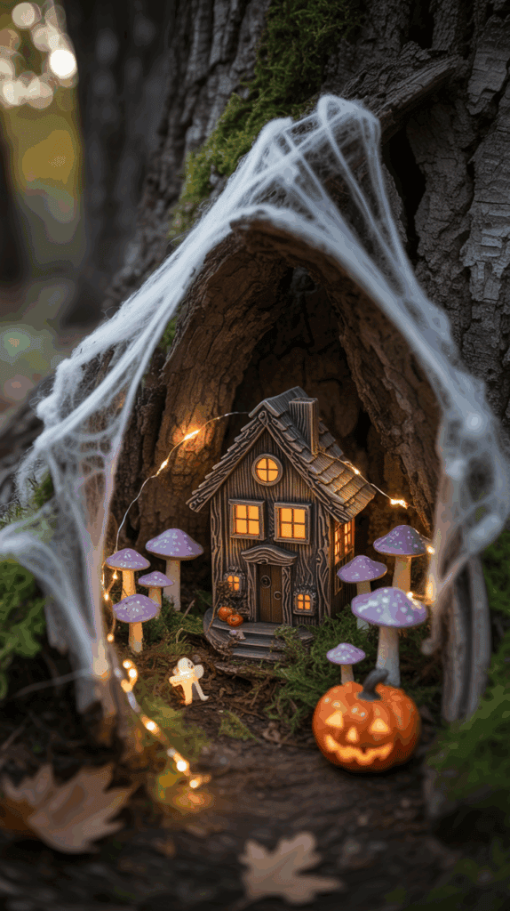 A miniature Halloween scene nestled inside a tree trunk. It features a small model house with lit windows, surrounded by purple mushrooms and moss. String lights illuminate the area, and a jack-o'-lantern and a tiny ghost figure are placed nearby. Cobwebs are draped over the entrance to the tree.