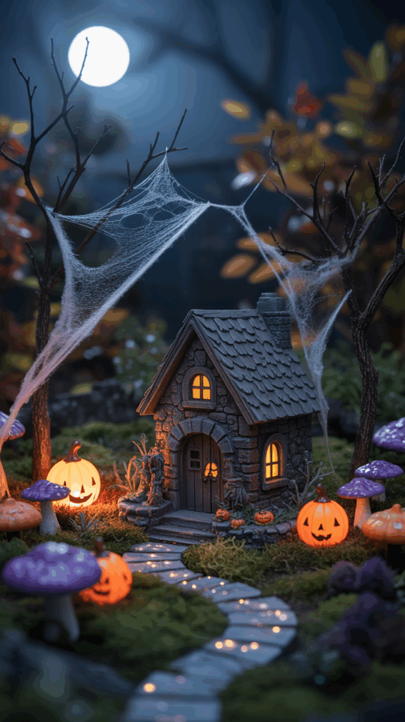 A whimsical miniature stone cottage surrounded by glowing jack-o'-lanterns and colorful mushrooms under a full moon at night. Cobwebs are stretched between bare tree branches, and a stone path with small lights leads to the house, which emits a warm glow from its windows.