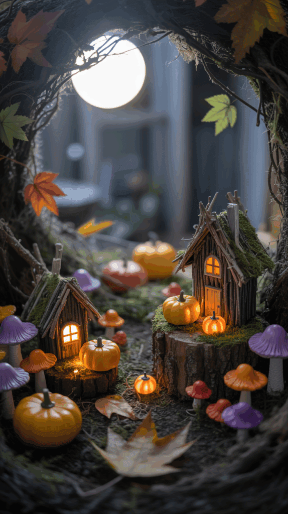 A whimsical diorama depicting a miniature autumn scene with two tiny, rustic houses illuminated from within. The houses are surrounded by small pumpkins, colorful mushrooms, and scattered autumn leaves. The setting is enclosed by twisted branches, creating an enchanting atmosphere. A large, glowing light source in the background adds a magical touch.
