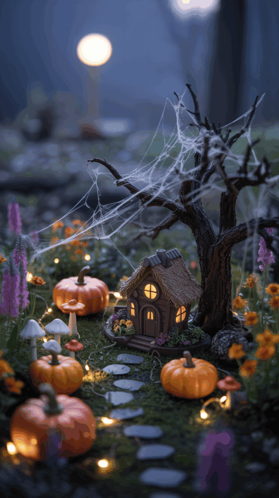 A miniature fairy garden scene with a small, illuminated cottage surrounded by pumpkins, mushrooms, and flowers. The scene contains a leafless tree adorned with cobwebs and a winding stone path leading to the cottage's door, all under a soft twilight glow with a blurred background featuring a glowing orb resembling a streetlamp.