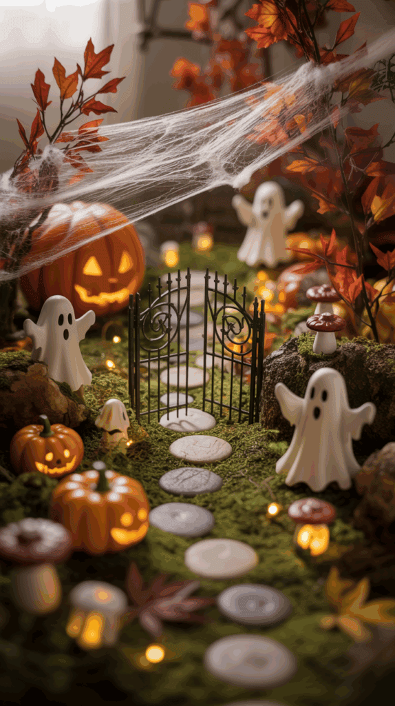 A Halloween-themed miniature scene with a decorative iron gate, surrounded by small ghost figurines, pumpkins with carved faces, and colorful autumn leaves. Faux cobwebs are draped across branches, while mushroom ornaments and glowing lights add to the enchanting ambiance.