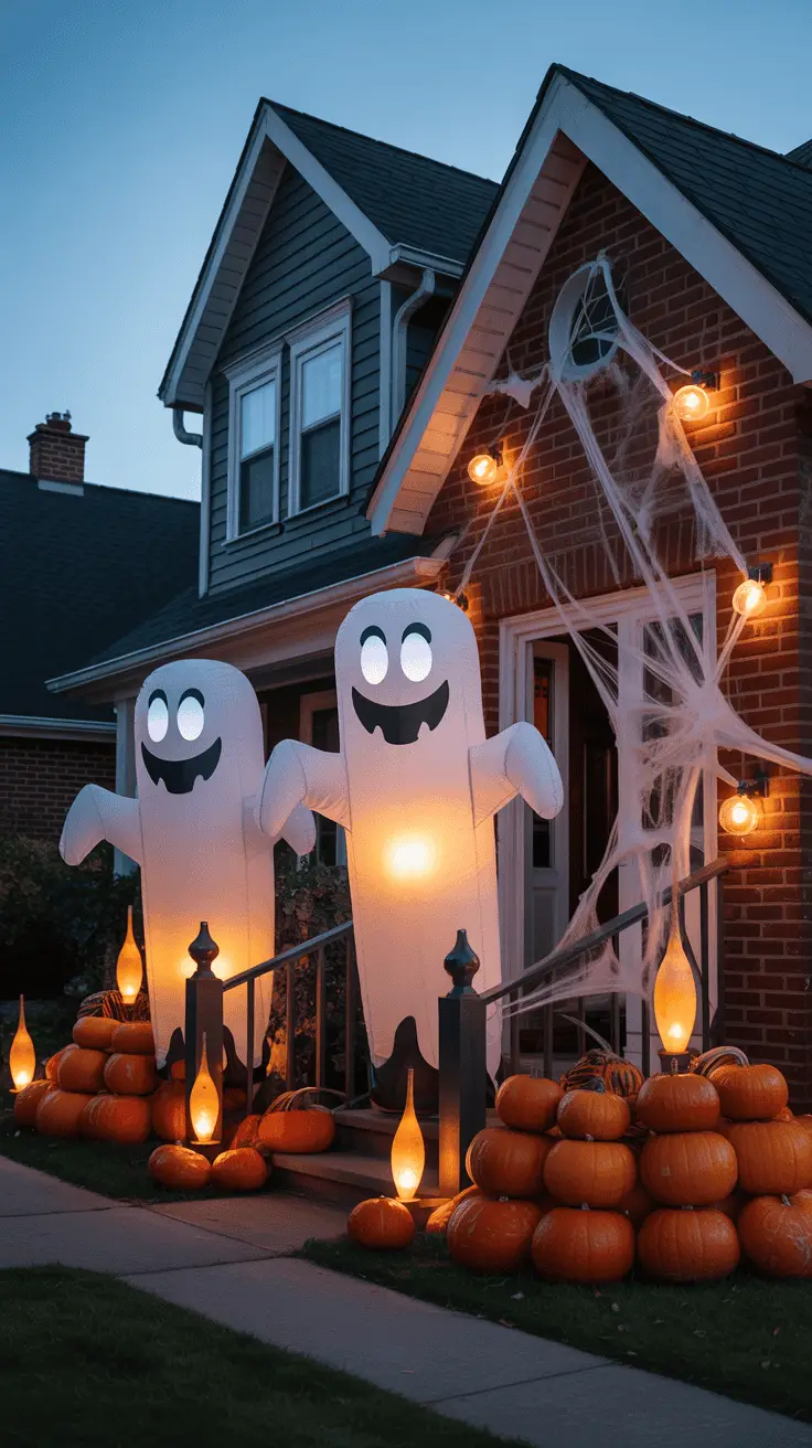 A house decorated for Halloween with two inflatable ghosts, numerous pumpkins stacked around the porch, and fake spider webs with glowing lights draped across the entrance.