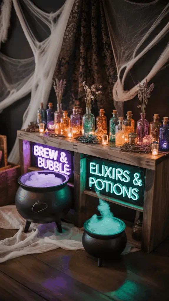 A spooky setup with neon signs reading 'Brew & Bubble' and 'Elixirs & Potions' on a wooden shelf, decorated with colorful potion bottles, cobwebs, and small cauldrons emitting smoke on a wooden floor.