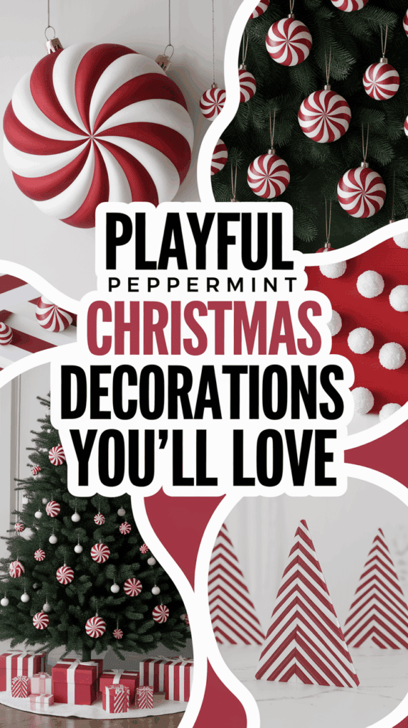 A collage of Christmas decorations featuring red and white peppermint-themed ornaments, a decorated Christmas tree with candy cane patterns, and wrapped gifts. The central text reads 'Playful Peppermint Christmas Decorations You'll Love.'