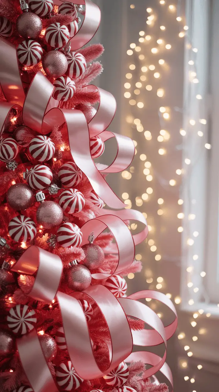 A pink Christmas tree decorated with pink and white swirl ornaments, pink baubles, and large pink ribbons, with soft white lights in the background.