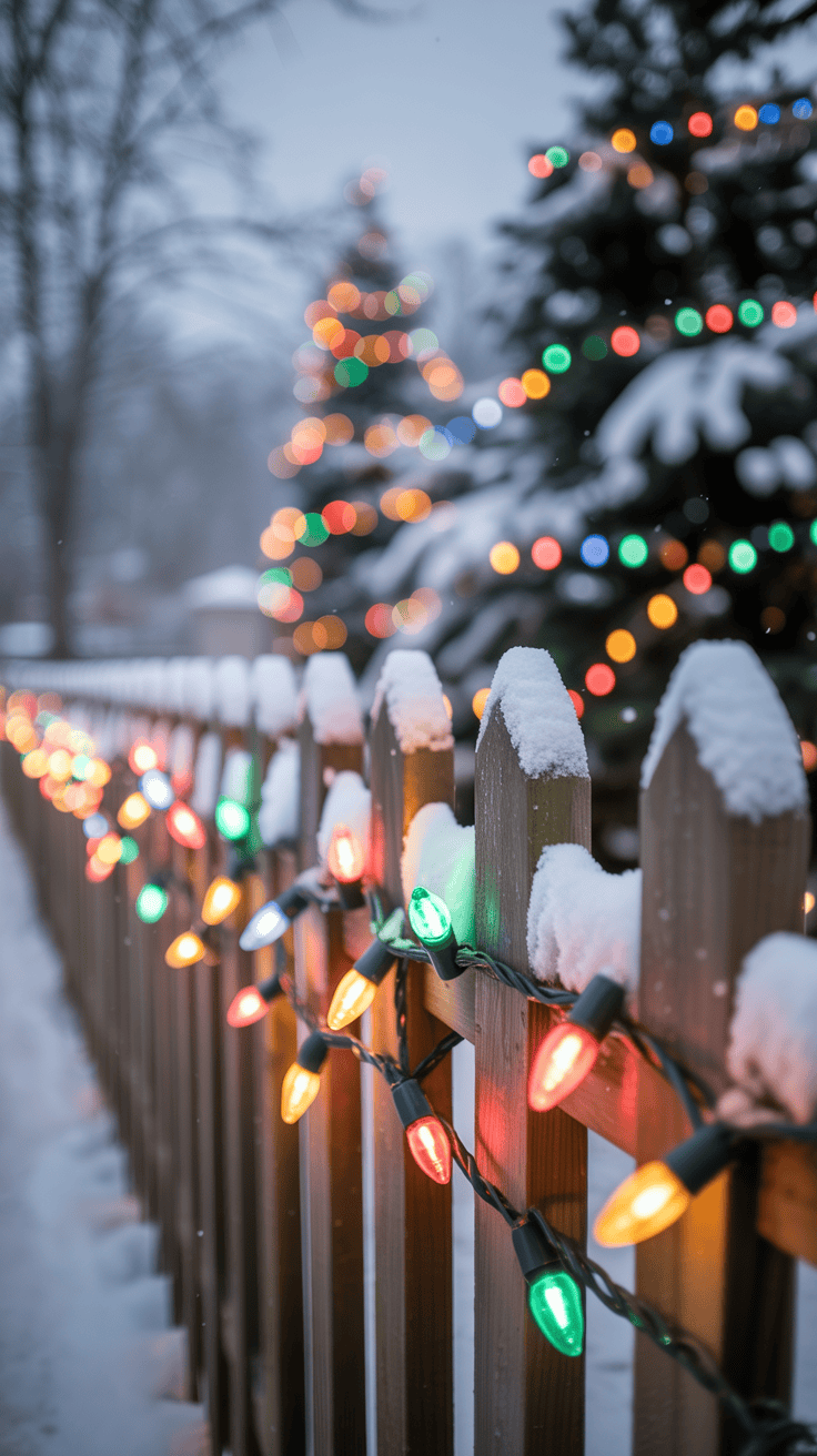 A snow-covered wooden fence adorned with colorful Christmas lights, with blurred, decorated pine trees in the snowy background.