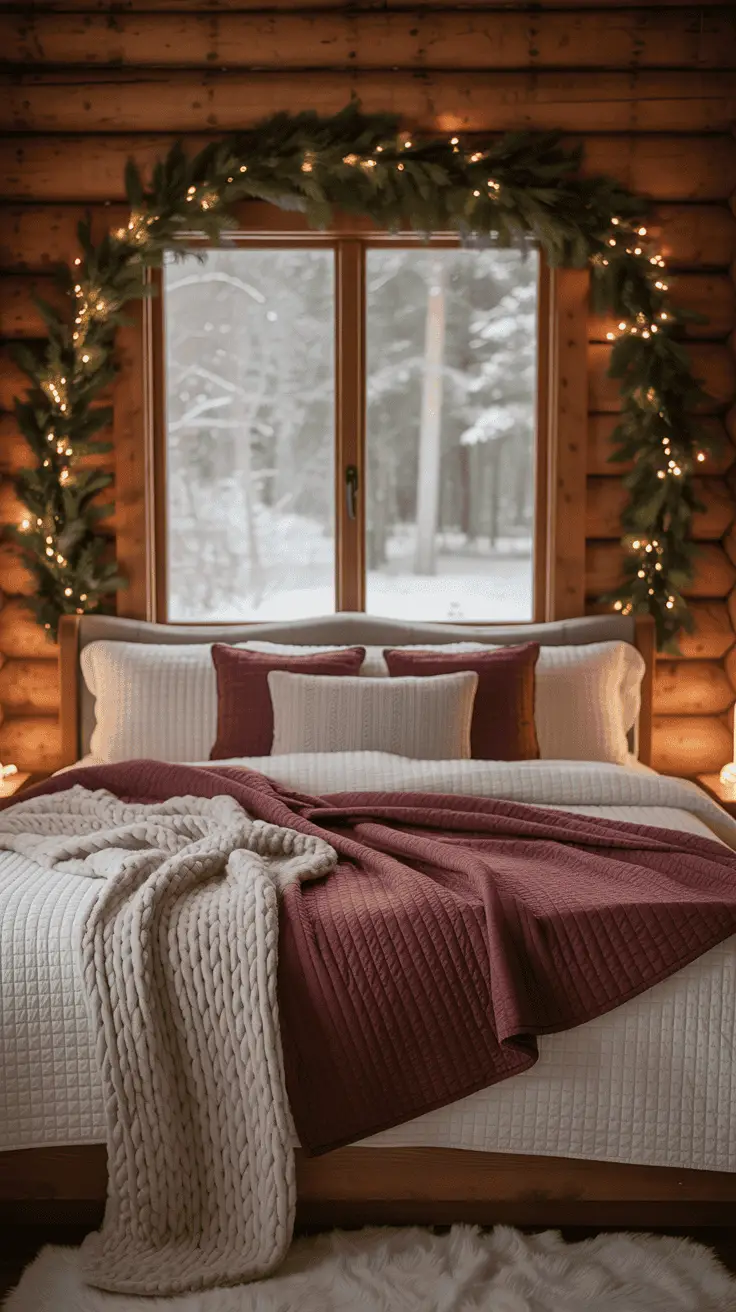 A cozy bedroom in a log cabin with a neatly made bed featuring white and maroon bedding. Above the bed, a large window is decorated with green garland illuminated by fairy lights, showing a snowy forest scene outside.