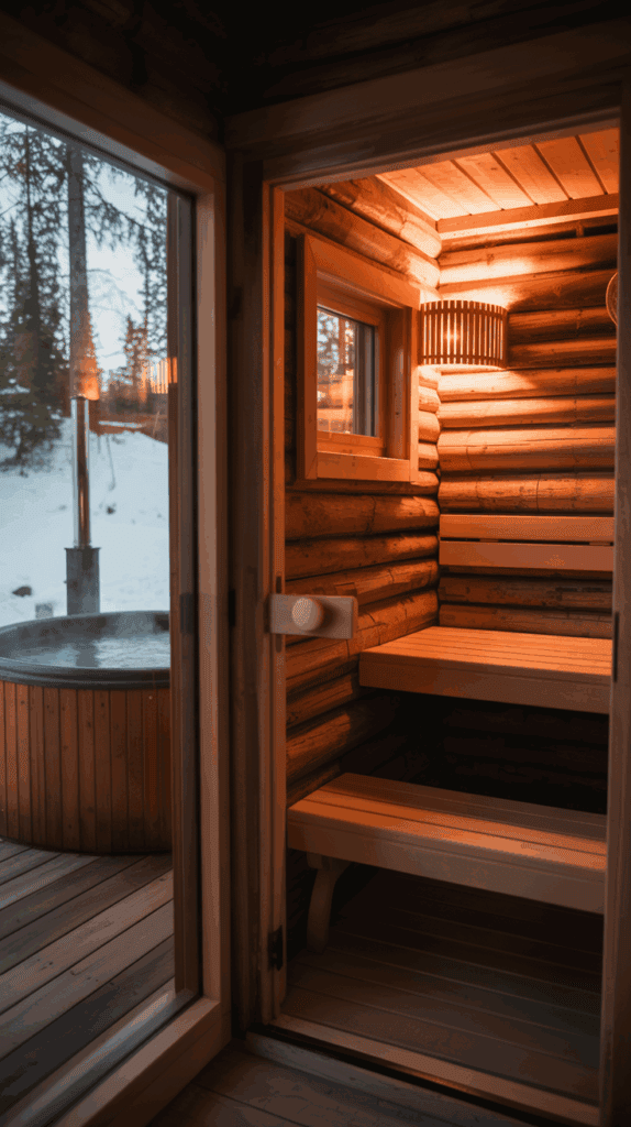A cozy wooden sauna interior with warm lighting, featuring wooden benches and a window looking out to a snowy outdoor setting with a hot tub visible on a wooden deck.