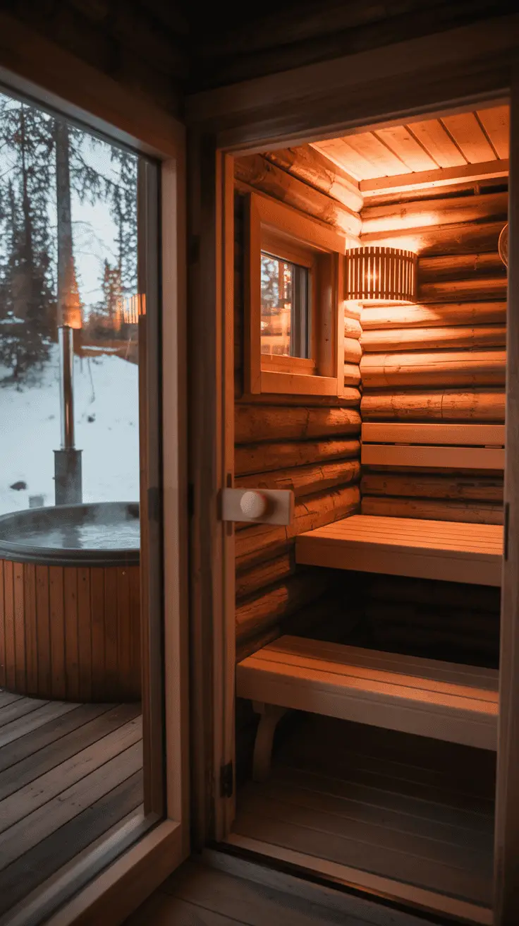 A cozy wooden sauna interior with warm lighting, featuring wooden benches and a window looking out to a snowy outdoor setting with a hot tub visible on a wooden deck.