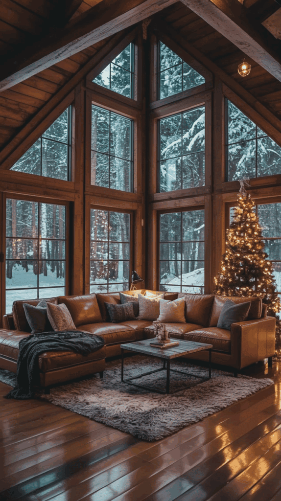 A cozy living room with high wooden ceilings and large windows showing a snowy forest outside. Inside, a decorated Christmas tree with lights stands near a brown leather sectional sofa adorned with plush pillows and throws. A coffee table rests on a soft rug in front of the sofa, creating a warm, inviting atmosphere.