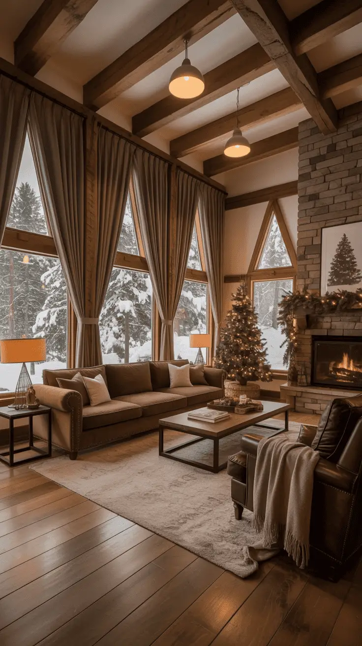 A cozy living room with a large brown sofa and a leather armchair, featuring a fireplace decorated with garland and a Christmas tree. Large windows reveal a snowy landscape outside, while the wooden floor and ceiling beams add a rustic touch. Warm lighting from table lamps enhances the inviting atmosphere.