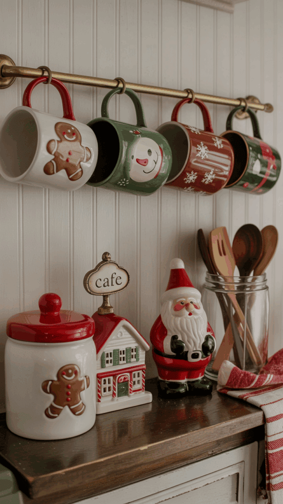 A festive kitchen display featuring Christmas-themed mugs hanging on a brass rod, a gingerbread man cookie jar, a ceramic Santa figure, a small house with a 'cafe' sign, and wooden utensils in a jar on a wooden shelf.
