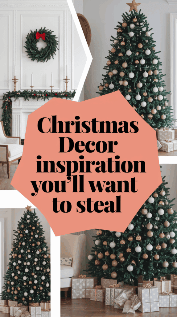 Collage featuring a decorated Christmas tree with gold and white ornaments, wrapped gifts underneath, a wreath with a red bow on a white mantle, and the text 'Christmas Decor inspiration you'll want to steal' on a pink background.