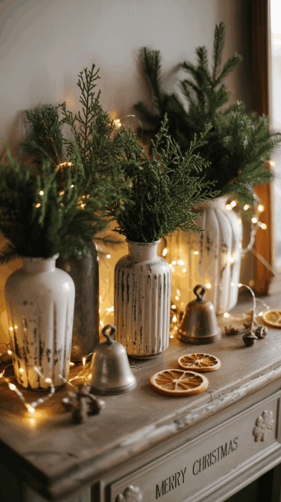 A rustic holiday decoration featuring white distressed vases filled with evergreen branches, accompanied by string lights, metal bells, dried orange slices, and a wooden surface inscribed with 'Merry Christmas.'