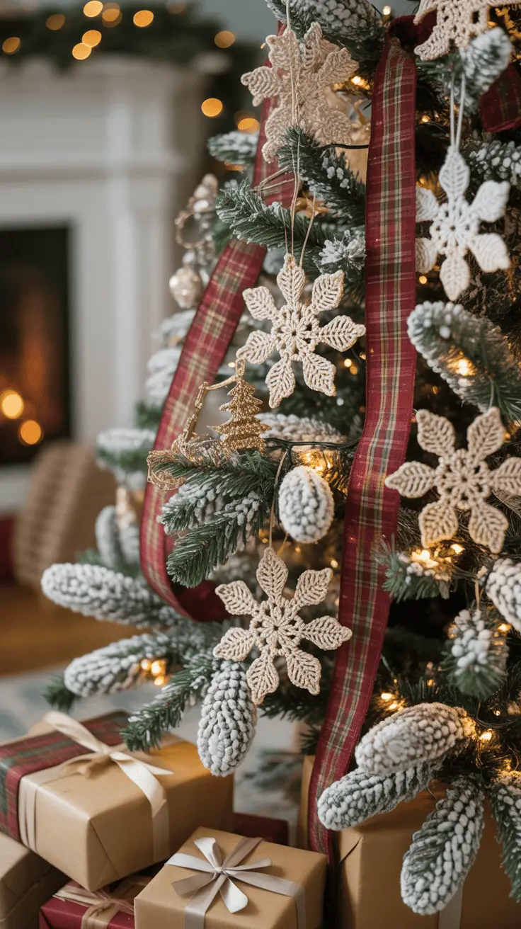 A Christmas tree adorned with decorative snowflakes, plaid ribbons, and frosted pine cones, set beside wrapped gifts, with a warm glow from string lights and a fireplace in the background.
