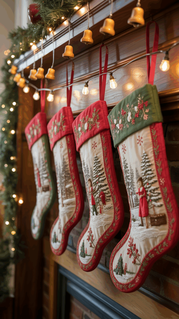 Four decorative Christmas stockings with embroidered winter scenes hang on a wooden mantel, adorned with garland and string lights featuring golden bells.