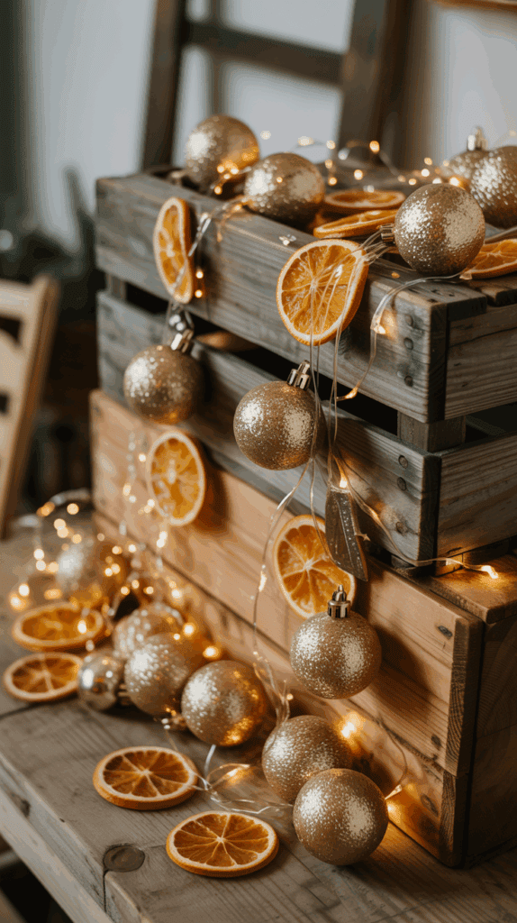 Wooden crates adorned with gold glitter ornaments, dried orange slices, and string lights.