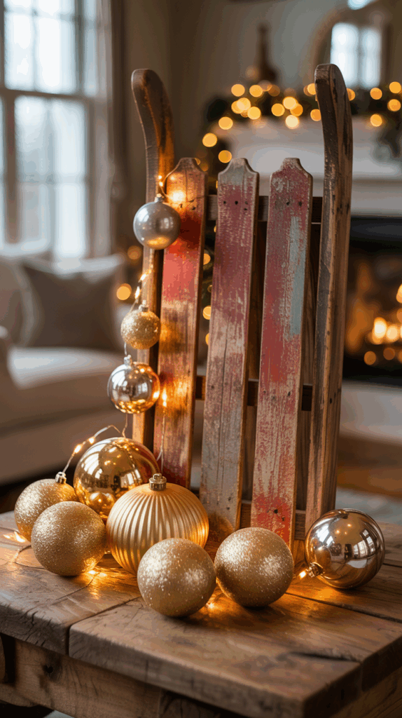 A rustic wooden sled adorned with gold and silver Christmas ornaments and string lights, set on a wooden table in a cozy room with a lit fireplace in the background.