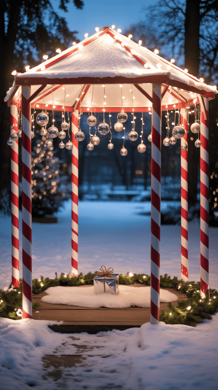 A festive gazebo decorated with candy cane striped poles and white lights, featuring hanging silver baubles and a gift box on a white fur rug, set against a snowy backdrop with a blurred Christmas tree in the background.