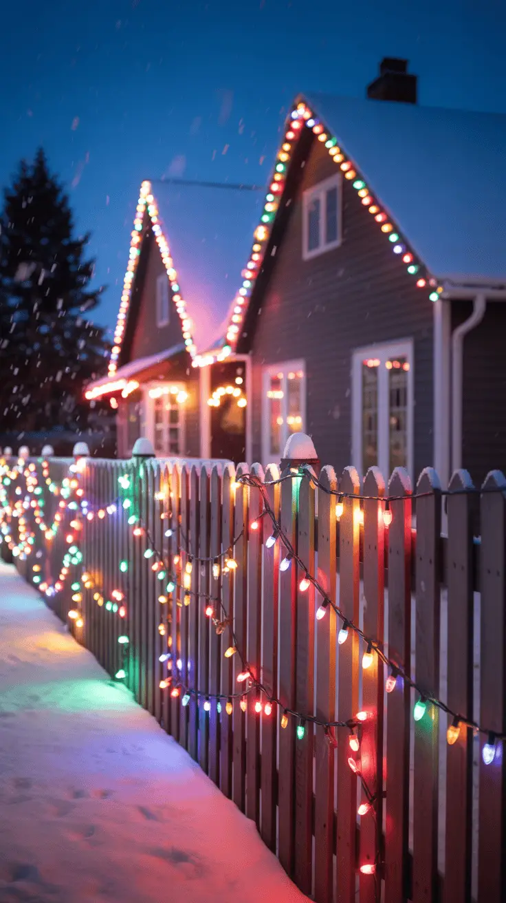A cozy house with a snow-covered roof and a wooden fence decorated with colorful Christmas lights, set against a twilight sky with falling snowflakes.