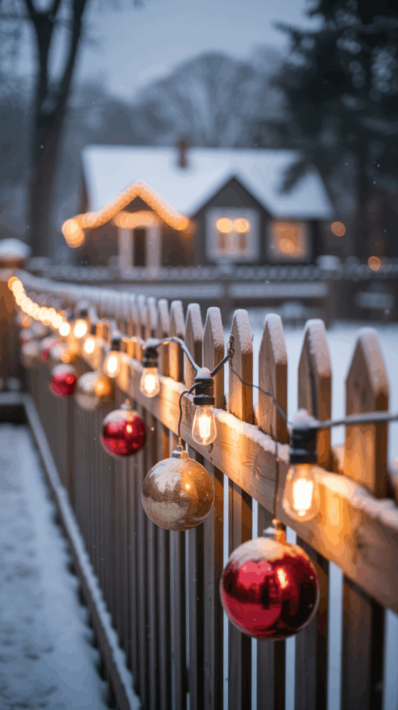 A wooden fence decorated with glowing string lights and red and gold baubles, with a snow-covered yard and a warmly-lit house softly blurred in the background, showcasing a festive, wintry scene.