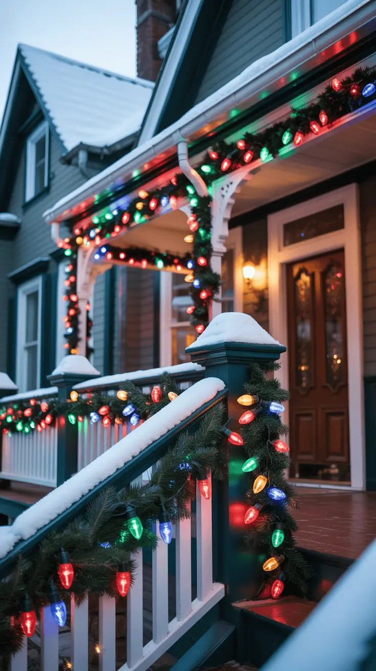 A cozy house's front porch decorated with colorful Christmas lights and garlands, covered in a light layer of snow, creating a festive and warm atmosphere.