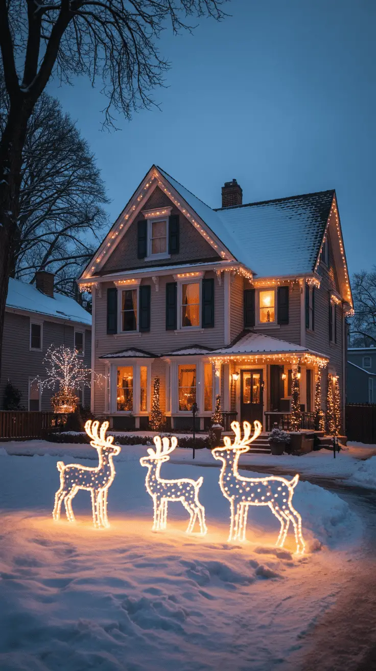 A snow-covered house decorated with Christmas lights and glowing reindeer sculptures in the front yard at dusk, creating a festive holiday scene.