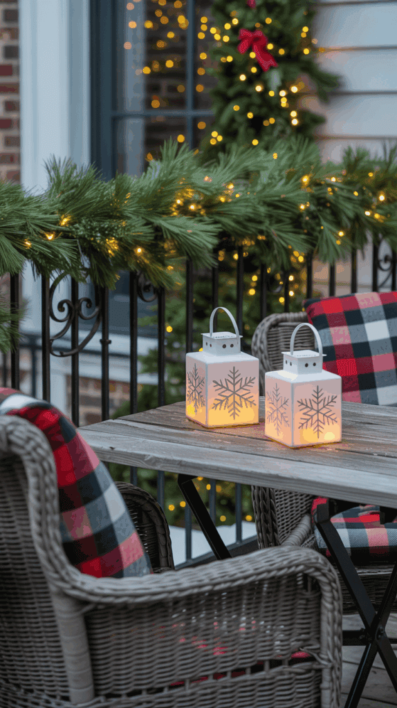 A cozy outdoor setting with two wicker chairs, each with a red and black plaid blanket, around a wooden table featuring two illuminated lanterns with snowflake designs. The railing is adorned with pine garlands and twinkling lights, and a festive wreath decorates a window in the background.