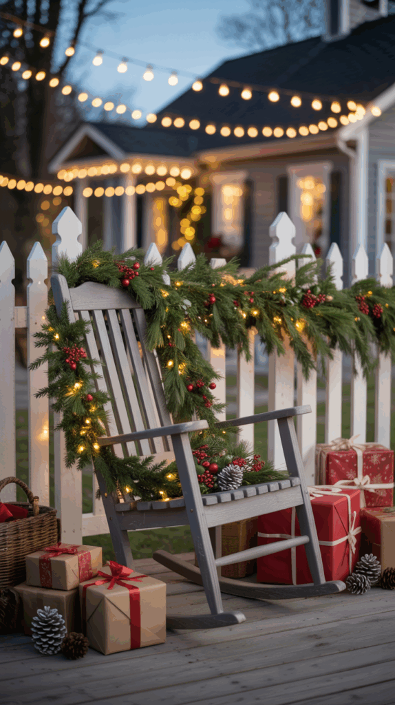 A wooden rocking chair on a porch, decorated with pine garlands and fairy lights. The porch is adorned for Christmas with wrapped gifts, a basket, and pinecones. In the background, a house is illuminated with string lights and festive decor.