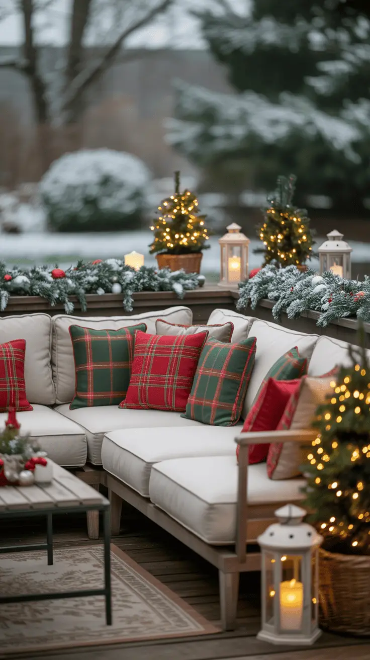 A cozy outdoor seating area decorated for the holidays, featuring a cream-colored sectional sofa with red and green plaid pillows. The area is adorned with snow-covered garlands, small lit Christmas trees, and lanterns with candles. The background shows a snowy, wintry landscape.