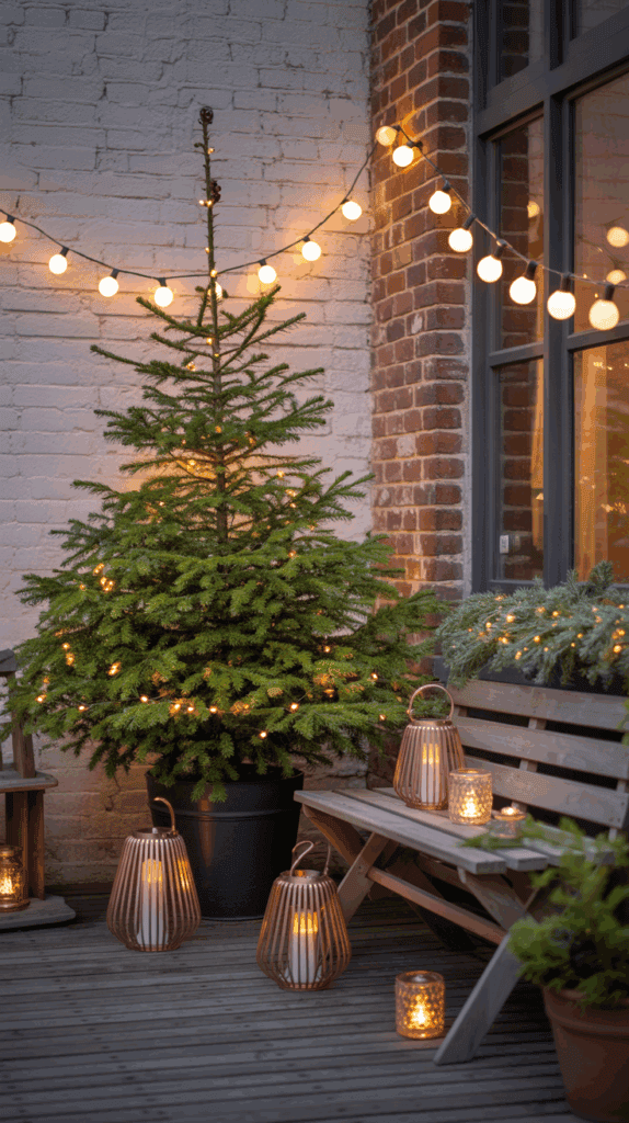 A small potted Christmas tree with warm string lights stands next to a wooden bench on a patio, surrounded by lanterns with glowing candles, under hanging round bulb lights against a brick and white wall.