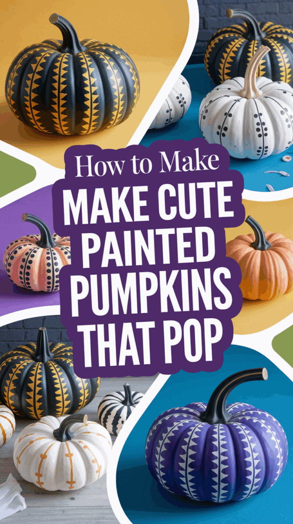 A collage of various painted pumpkins with geometric designs and bold colors, accompanied by the text "How to Make Cute Painted Pumpkins That Pop."
