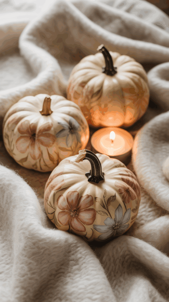 Three small, white pumpkins adorned with colorful floral patterns are placed on a soft, fluffy blanket next to a lit candle.