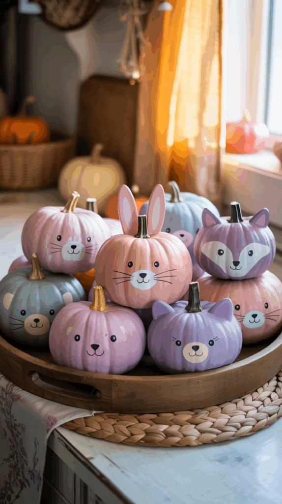 A collection of pastel-colored pumpkins painted with cute animal faces, including a rabbit, fox, and bear, arranged on a wicker tray in a cozy, sunlit indoor setting.