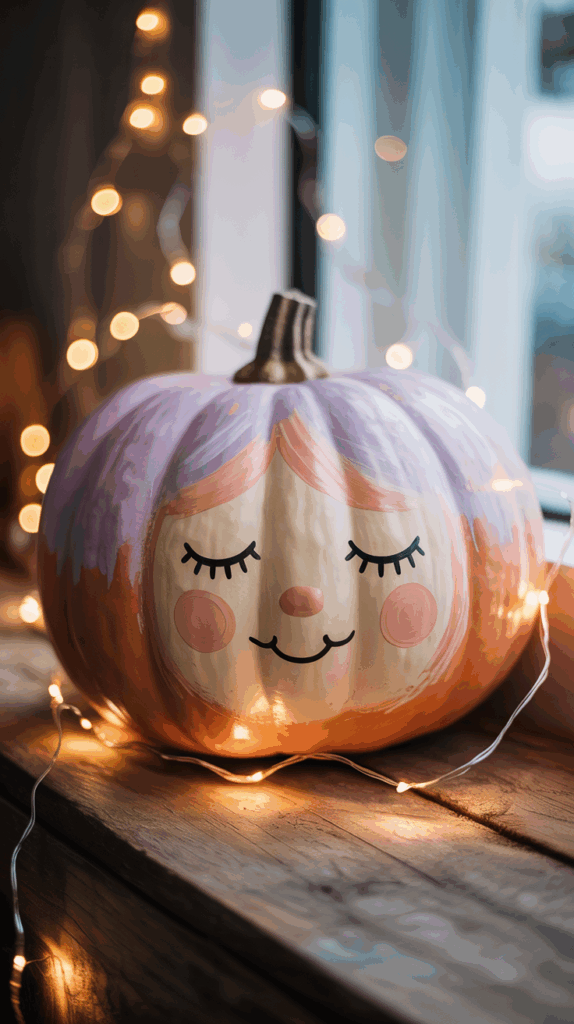 A painted pumpkin with a cute smiling face and closed eyes, decorated with pink and purple hair, placed on a wooden windowsill surrounded by string lights.