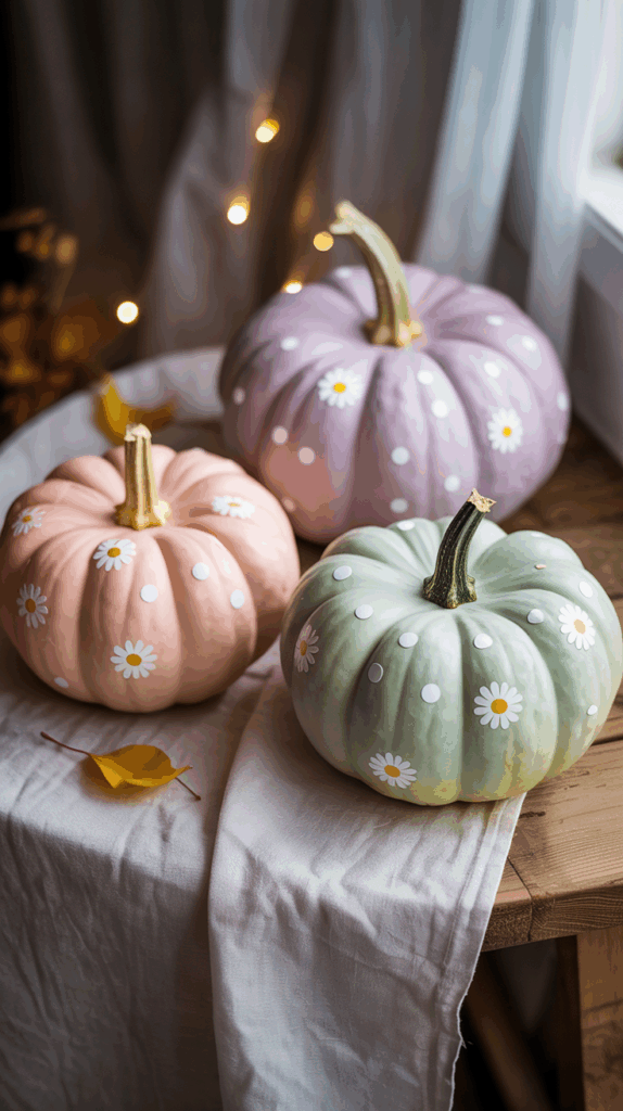Three pastel-colored pumpkins painted in peach, lavender, and mint green, each adorned with white daisy and polka dot designs, displayed on a table with a white cloth and surrounded by soft lighting.